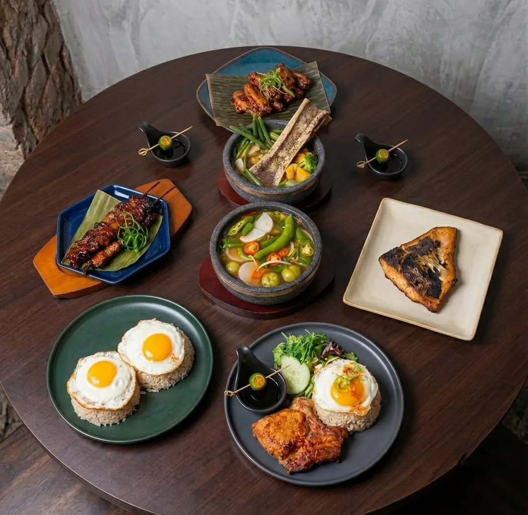 Spread of Filipino dishes at Byrne Eats, 892 Dundas Street, Old East Village, London, Ontario - pork BBQ skewers, sinigang, bulalo, garlic rice with fried egg and grilled chicken
